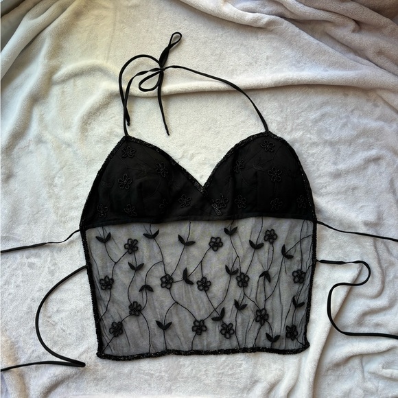 Wet Seal Tops - Black Sheer Floral Embroidered Halter Top